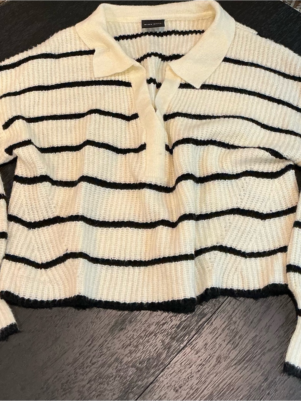 Miou Muse Striped Collared Knit Polo Sweater Cream Black Size M